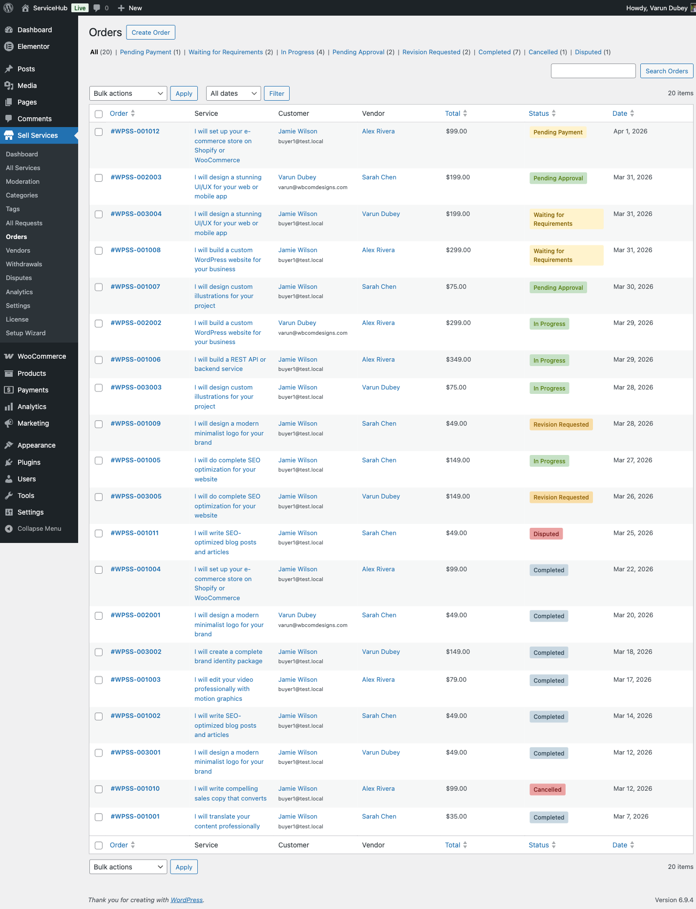 Admin orders list showing all marketplace orders