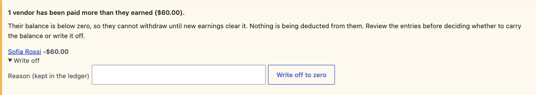 The negative balance notice on the Vendors screen with the Write off form open