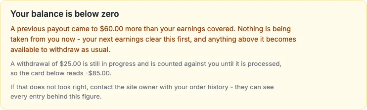 The Earnings page notice explaining a balance below zero