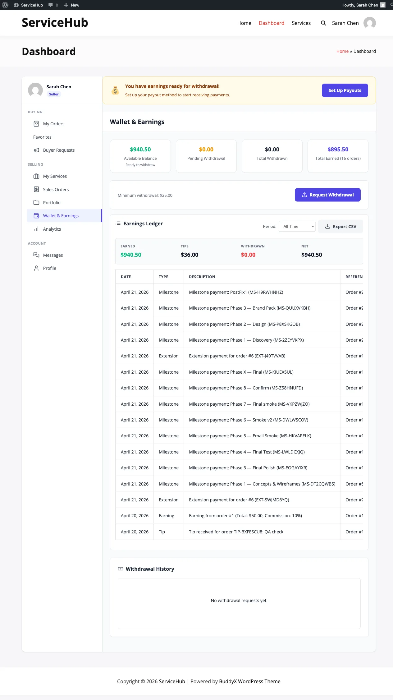 Earnings Ledger on the Wallet dashboard