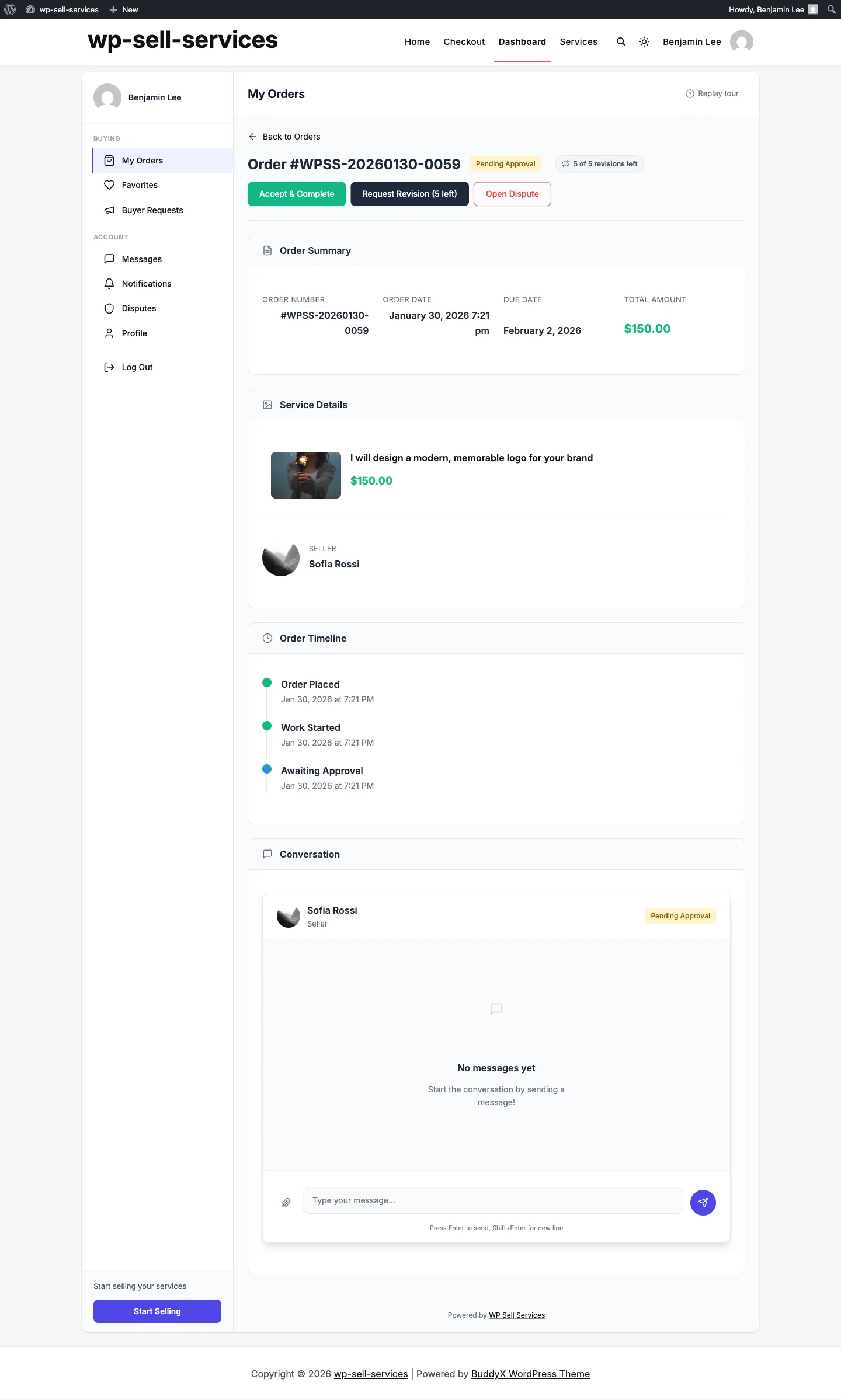 A buyer's order awaiting approval, with Accept, Request Revision and Open Dispute