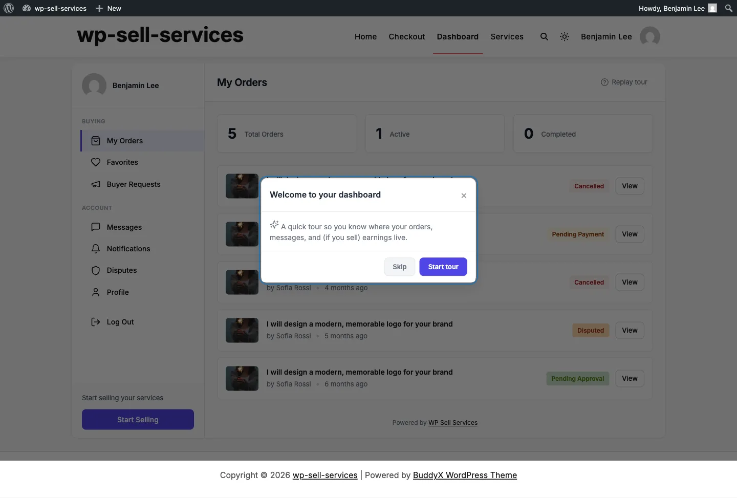 The welcome tour shown on a user's first dashboard visit
