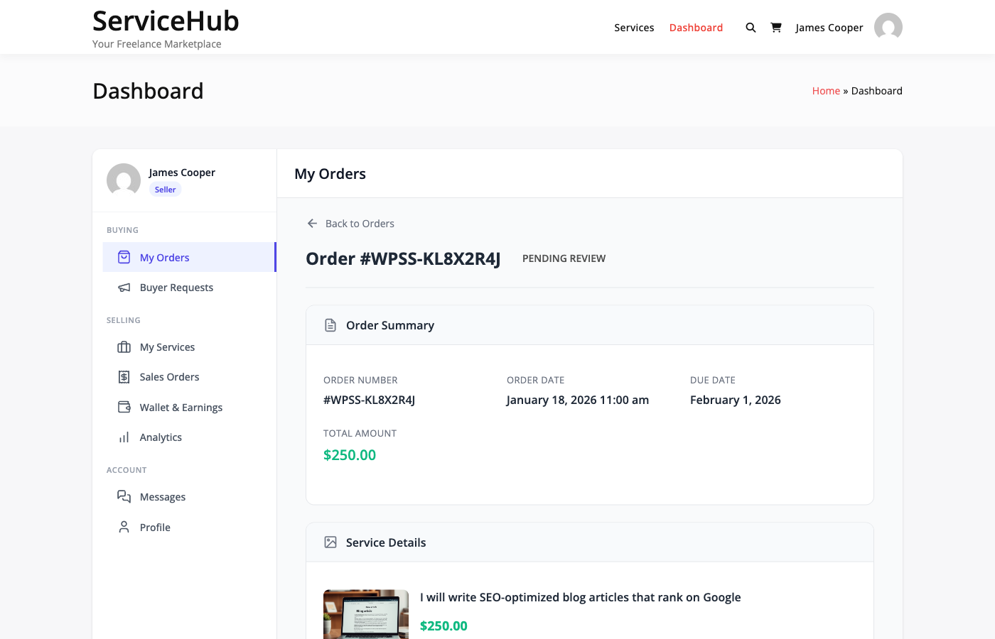 Delivery review interface where buyer can accept, revise, or dispute