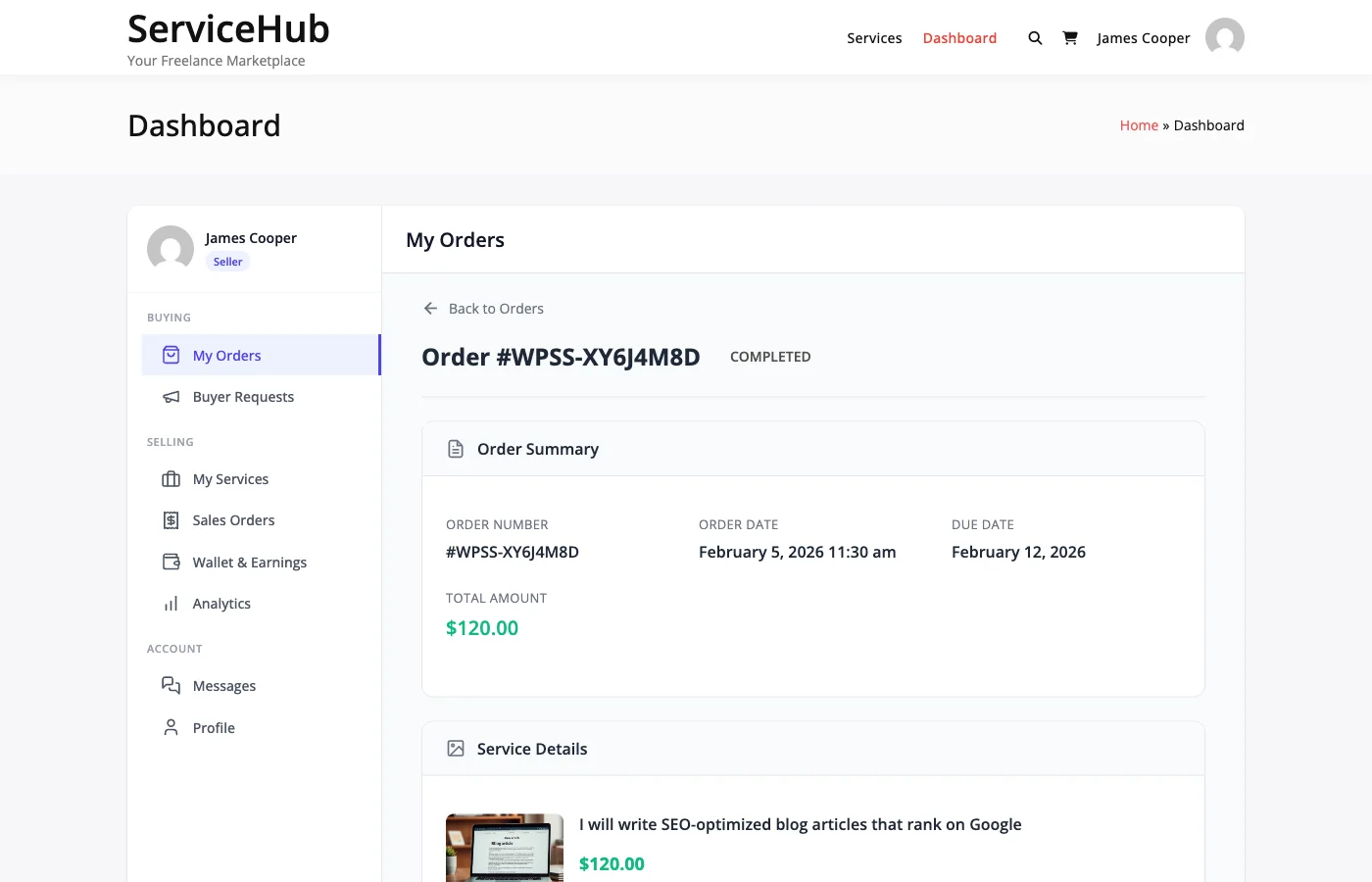 Order confirmation screen after accepting delivery