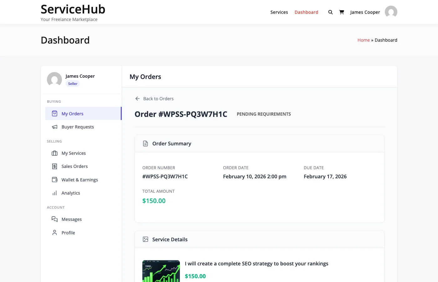 Requirements section on the order page