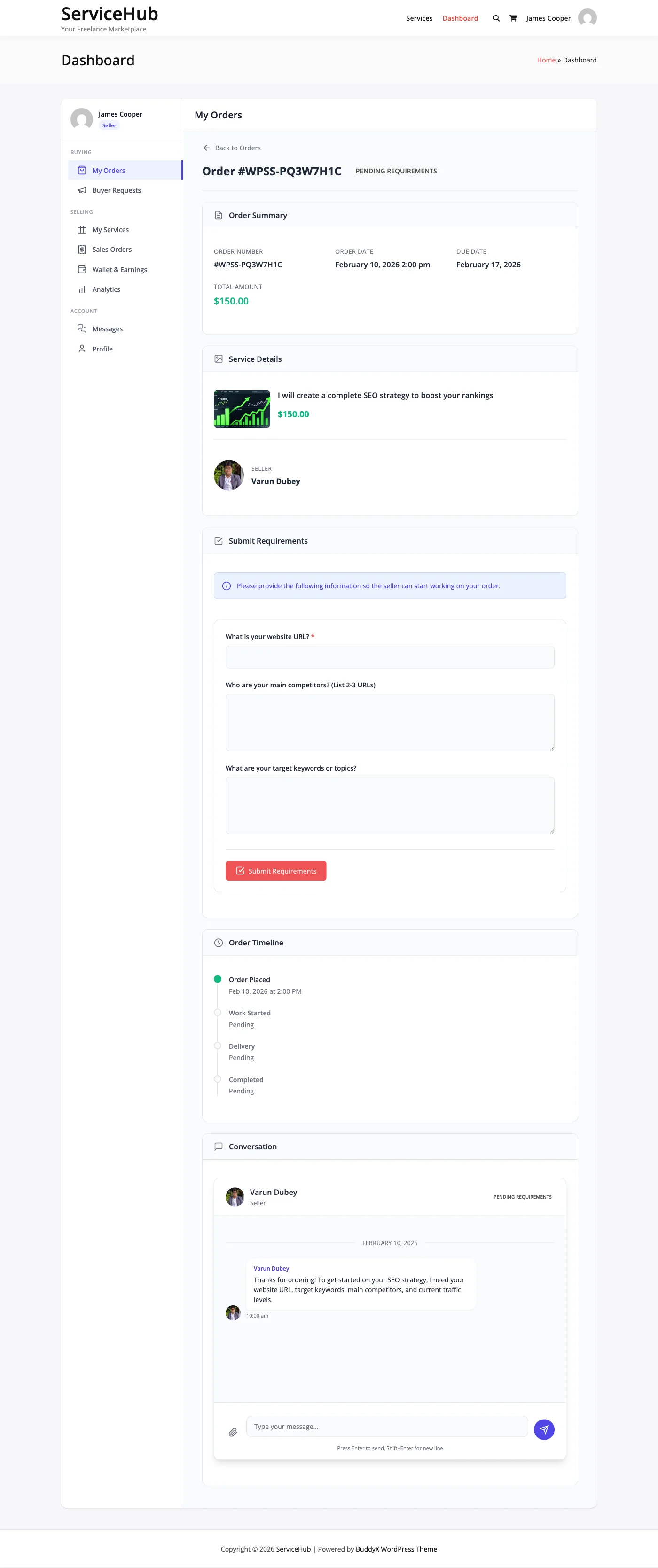 Requirements form fields displayed on the order page
