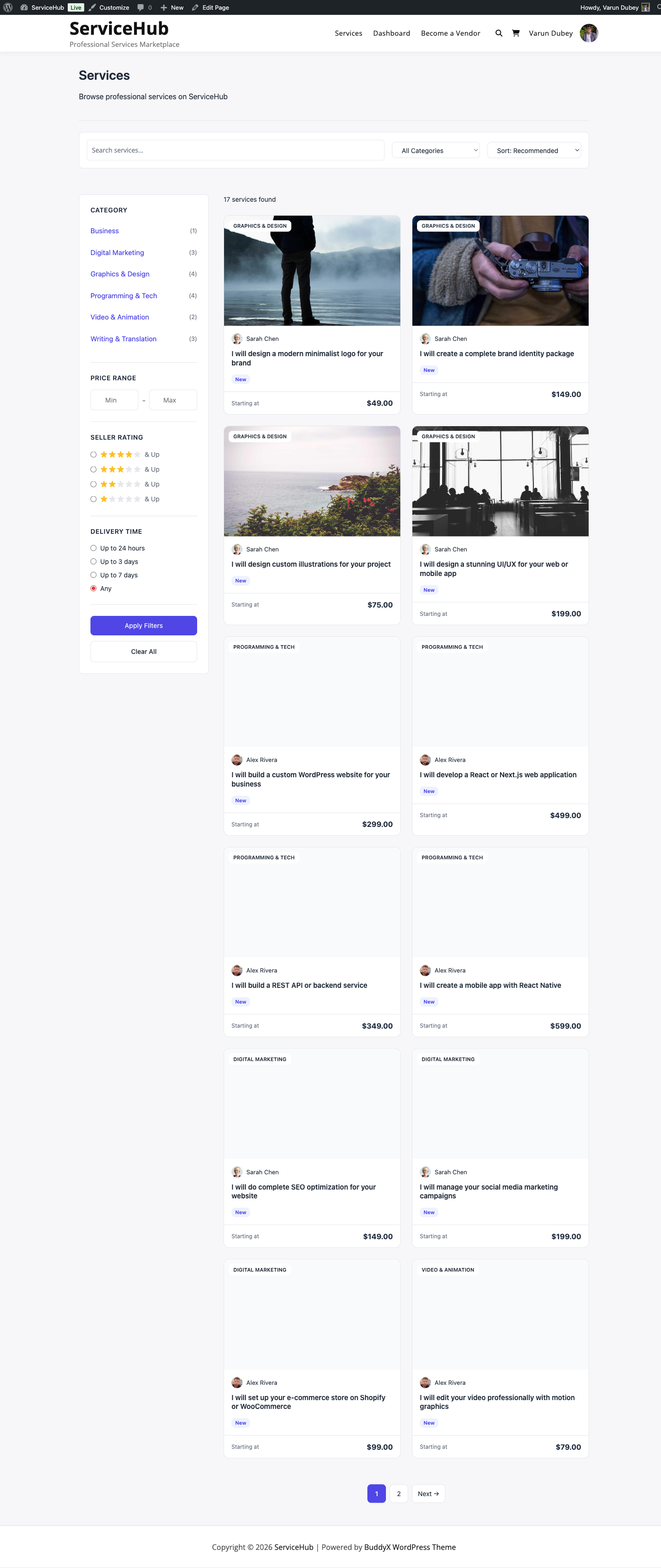 Services catalog with search and filters