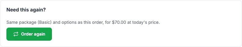 The "Need this again?" section on a completed order, with the Order again button
