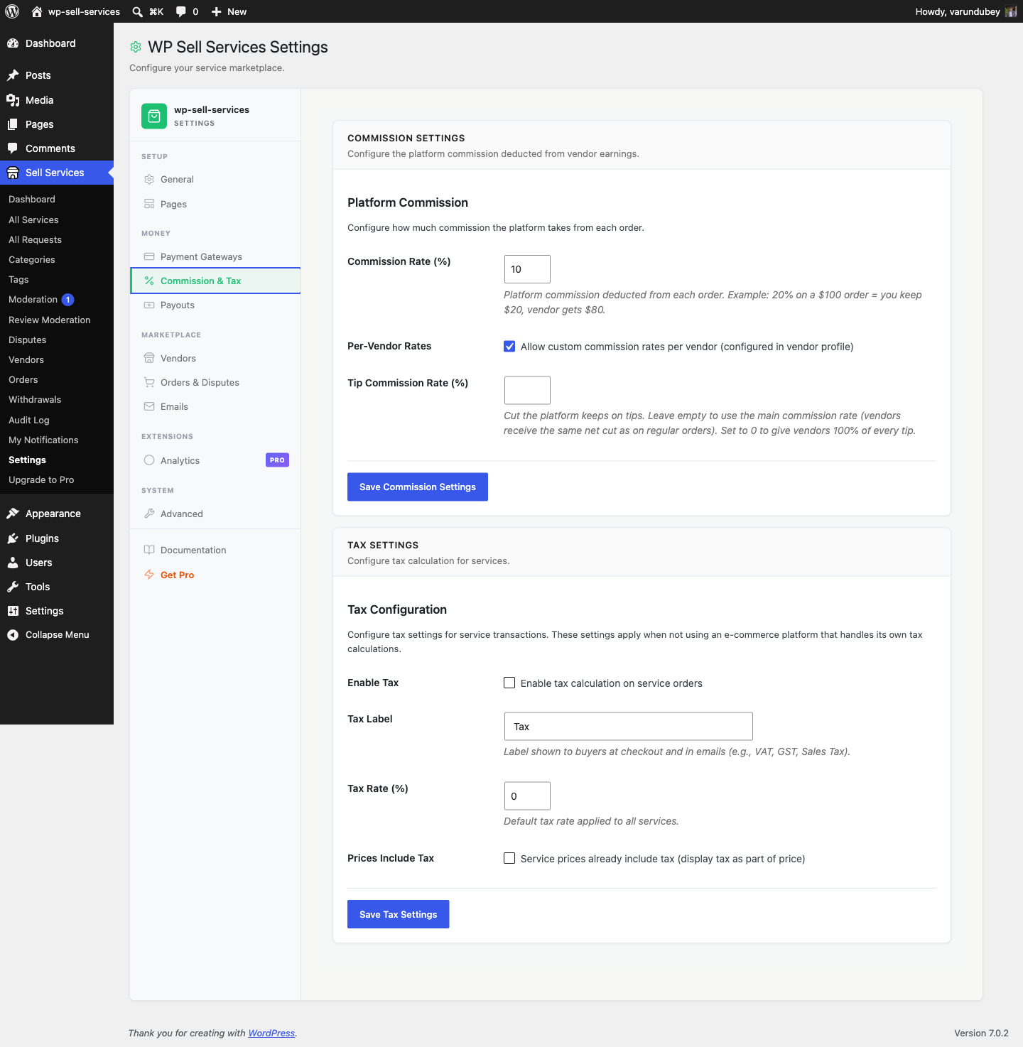 Commission and tax settings