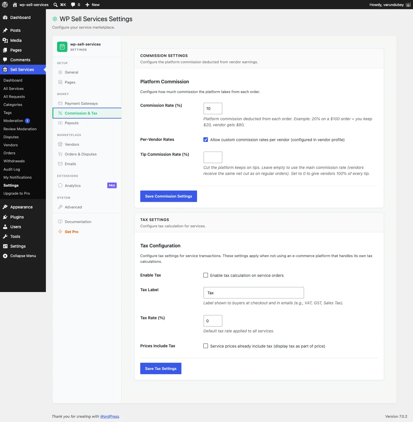 Commission and tax settings