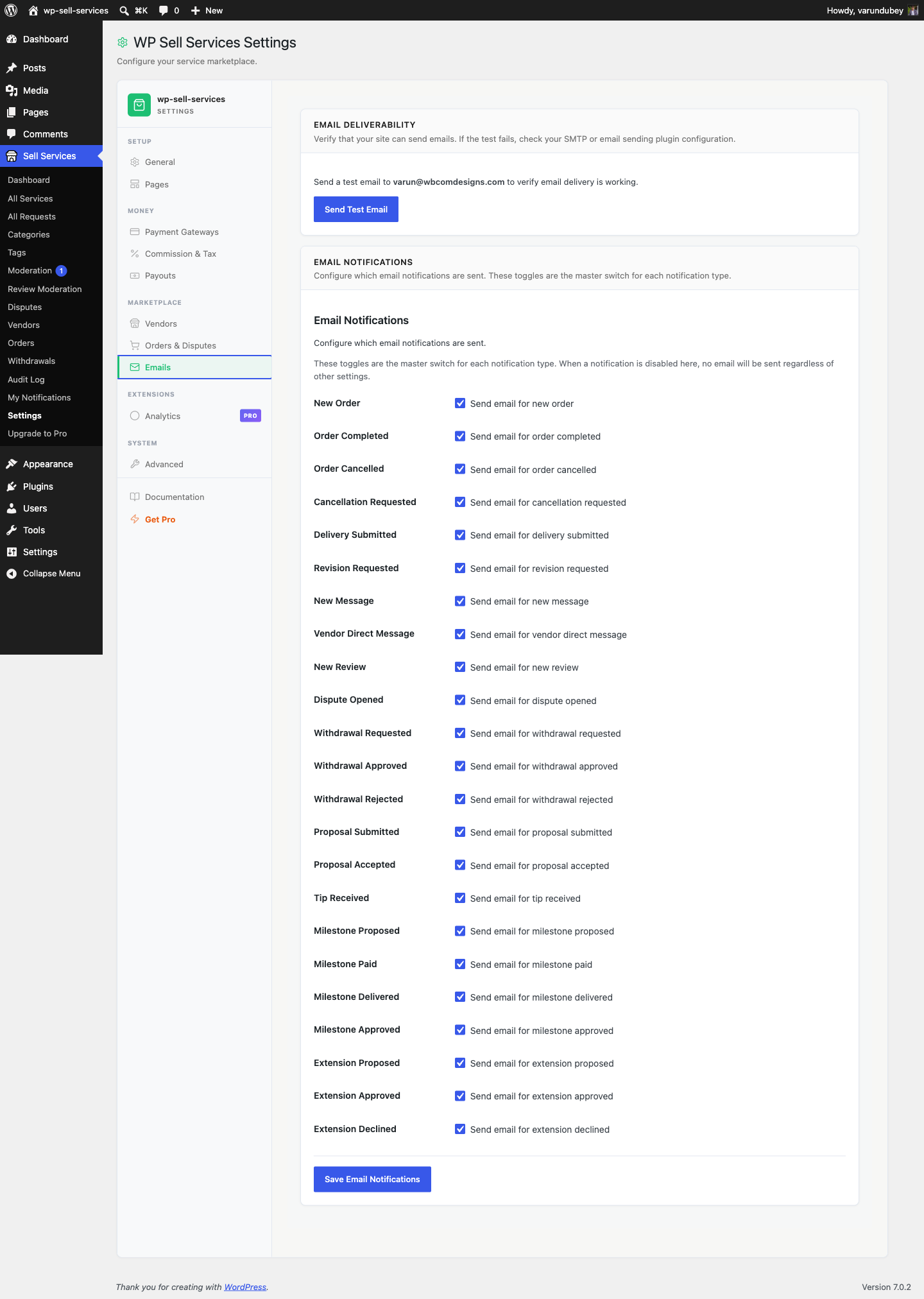 Email settings tab