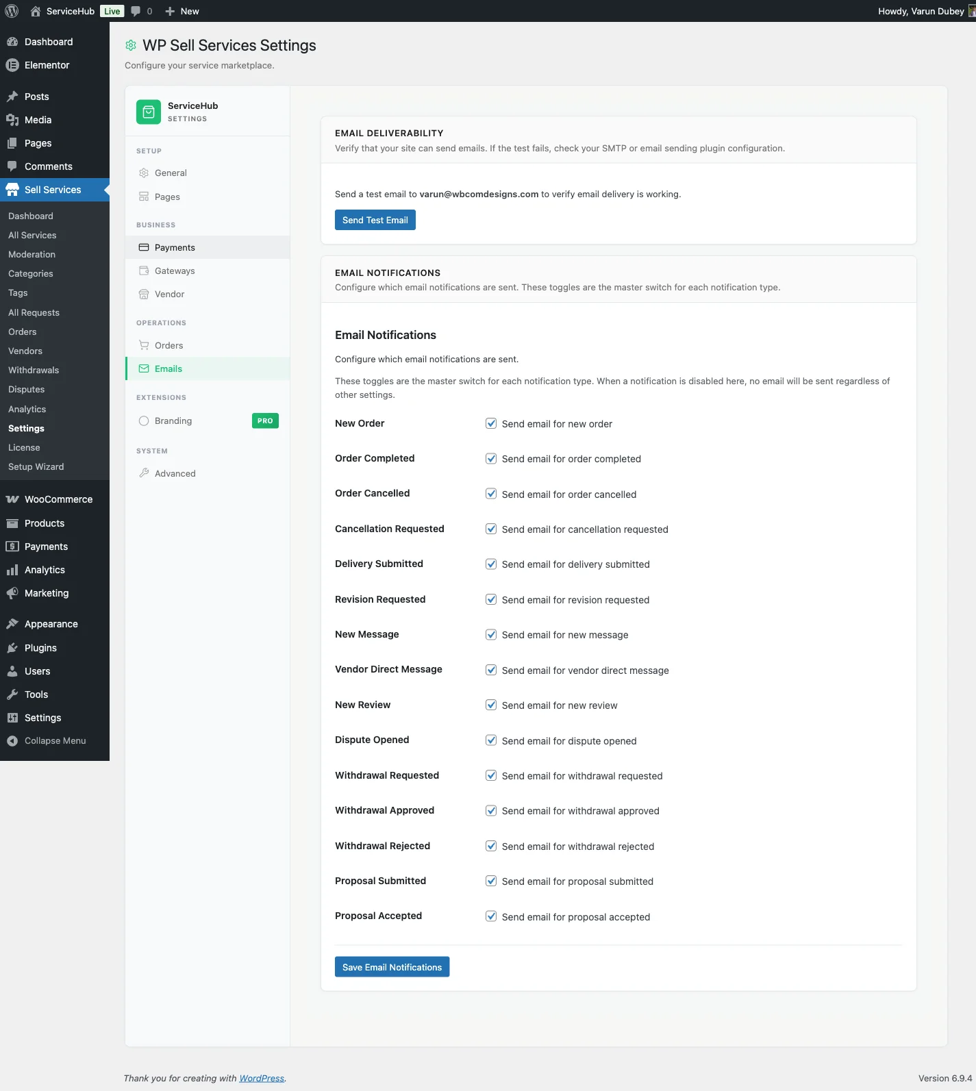 Email settings tab