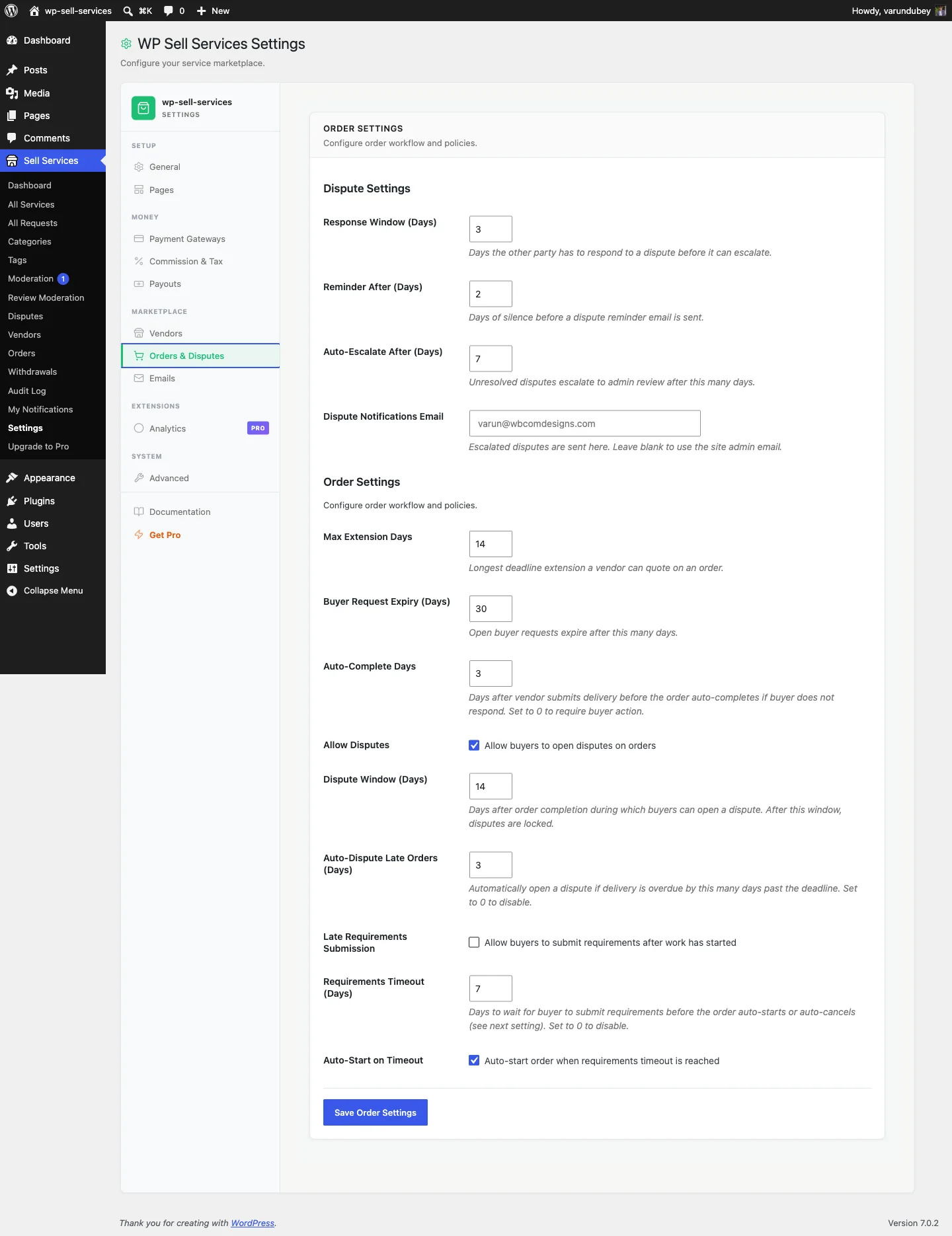 Order settings tab in WP Sell Services settings panel