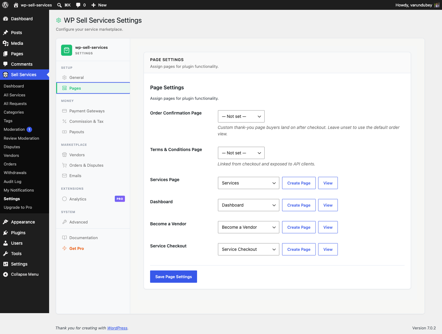 Pages settings tab