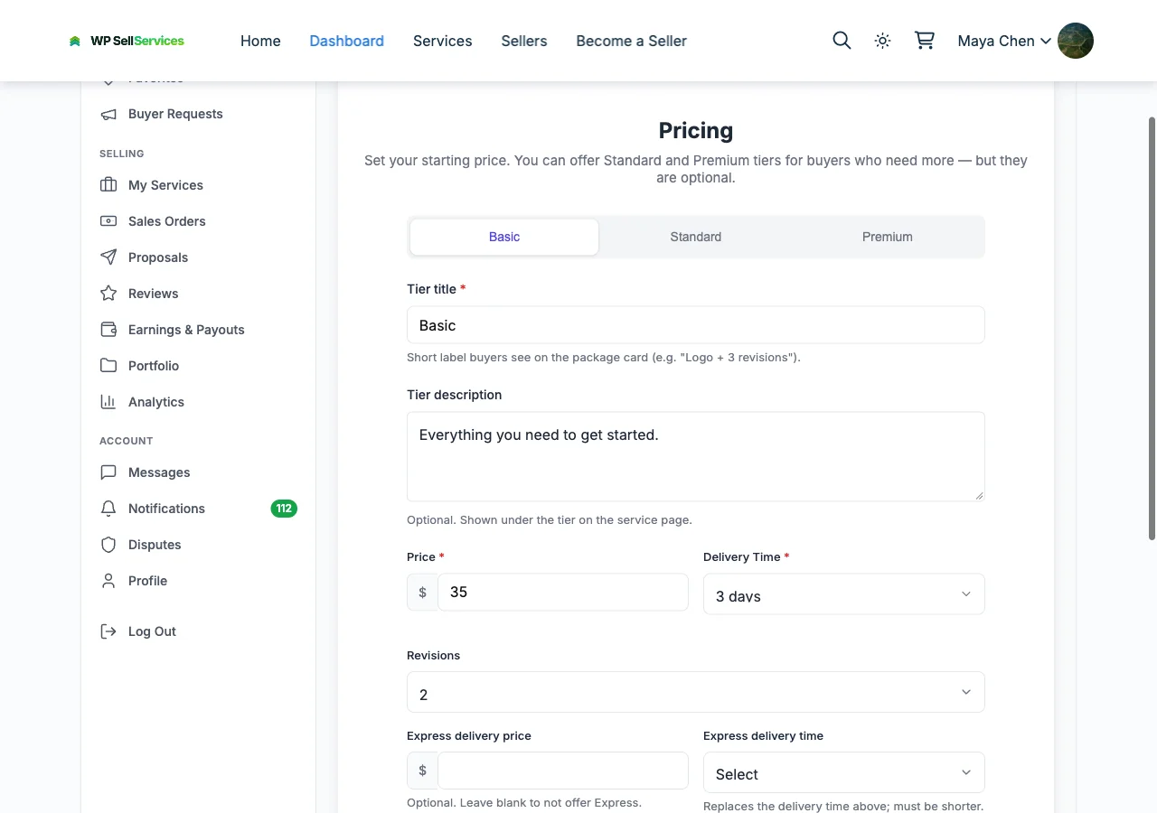 The Pricing step of the service wizard with the tier title and tier description fields