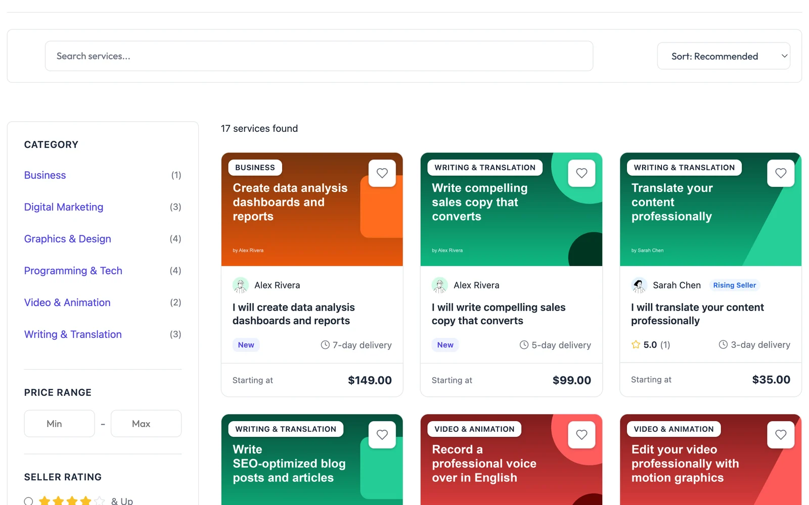 A service catalog with category, price and rating filters beside service cards from several vendors