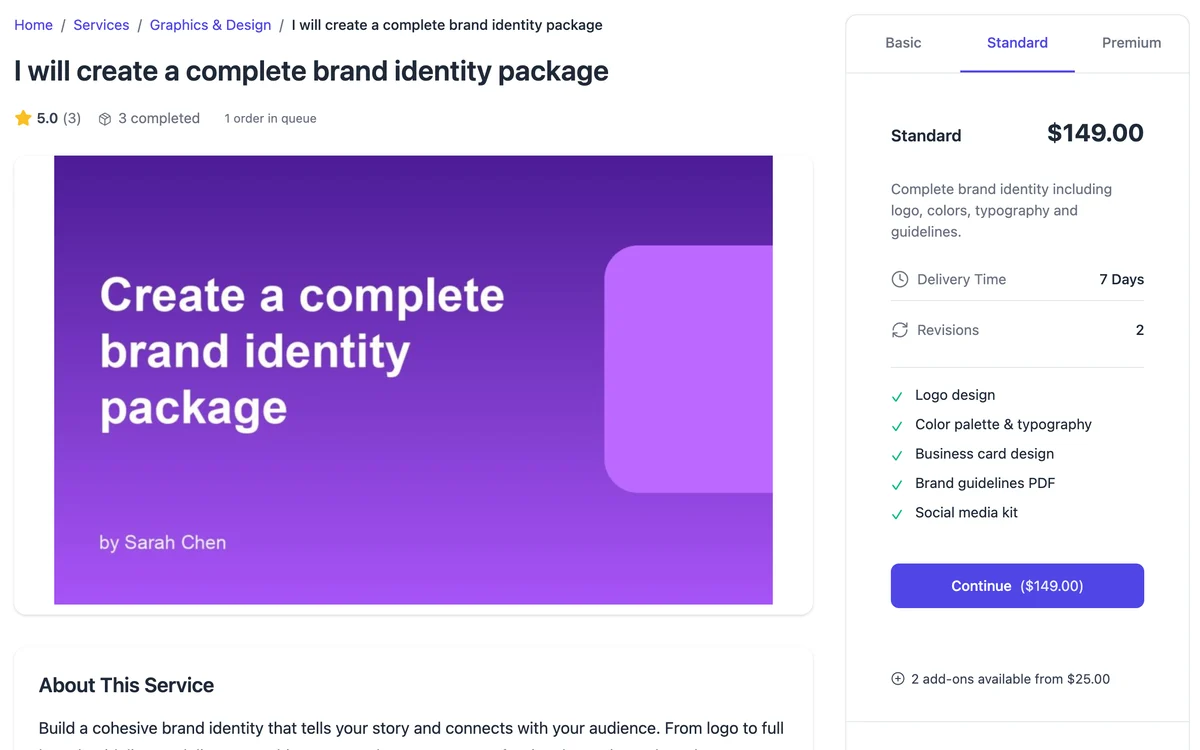 Service page with Basic, Standard and Premium tabs and the Standard package selected