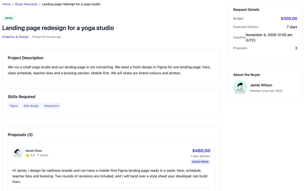 Buyer request for a landing page redesign with three vendor proposals