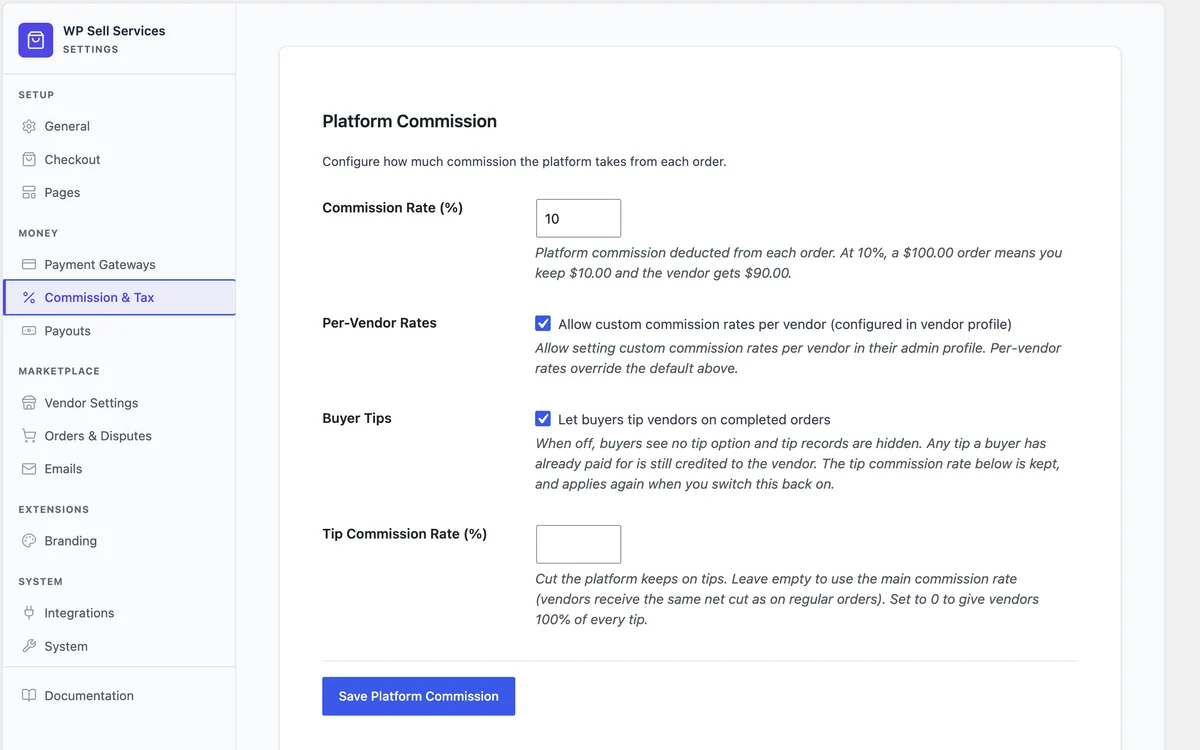 Commission settings with a 10% rate and per-vendor rates switched on