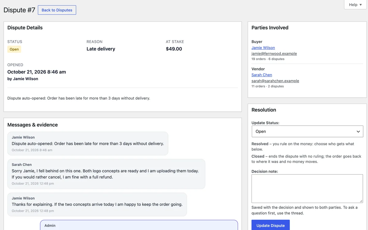 Admin dispute view with messages from buyer, vendor and admin and a resolution panel