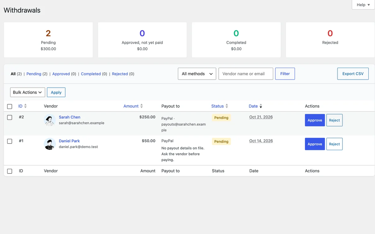 Withdrawals screen with pending requests and Approve buttons