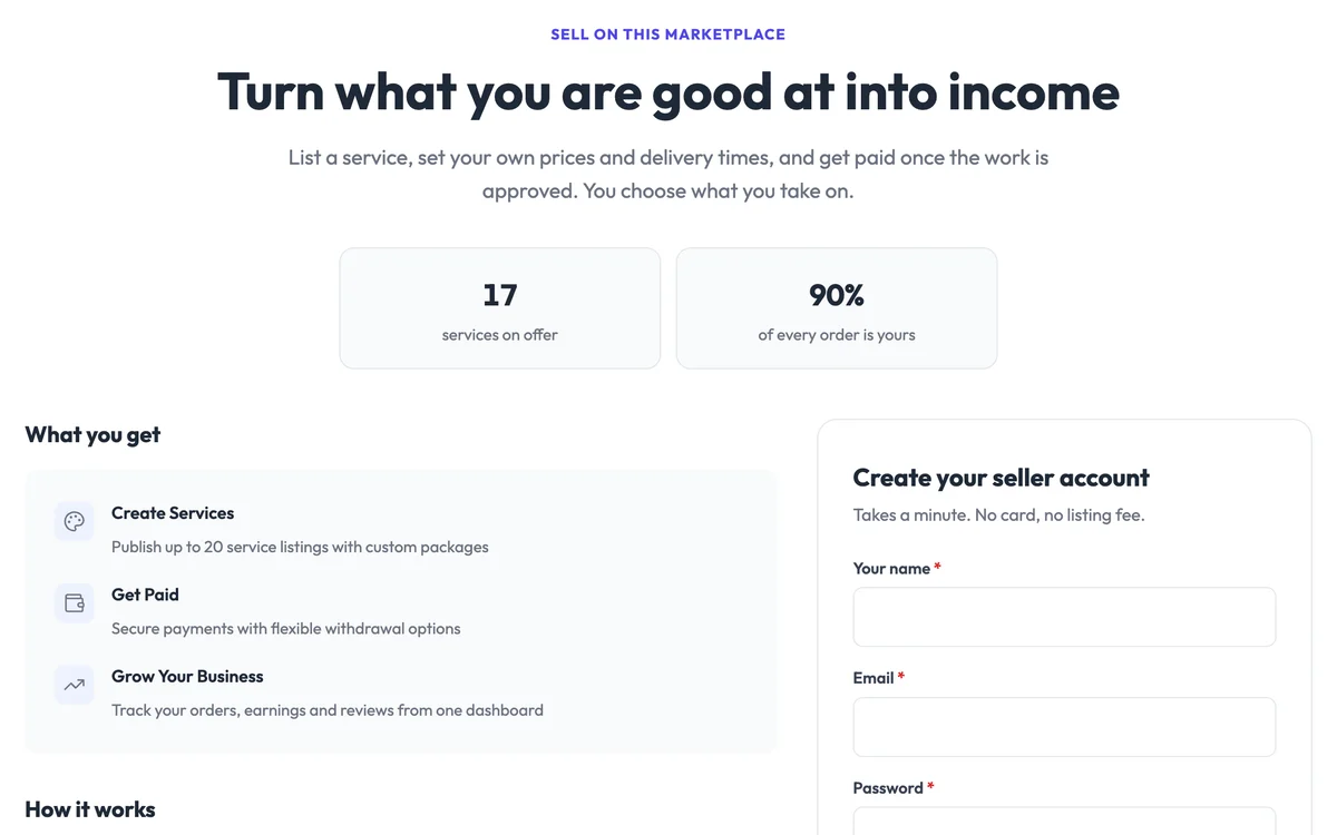 Become a vendor page with how it works and a seller sign-up form