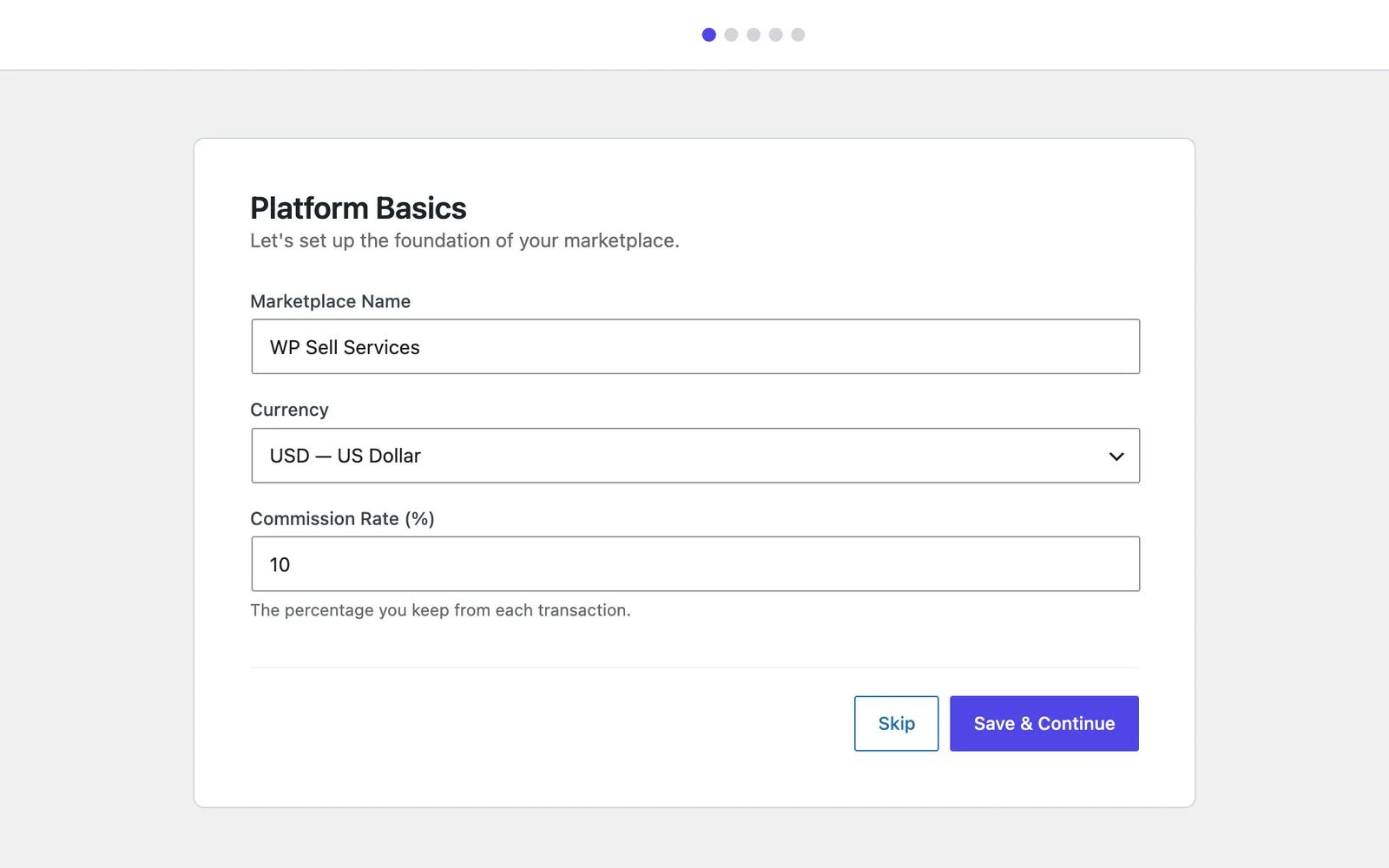 Setup wizard with marketplace name, currency and a 10% commission rate