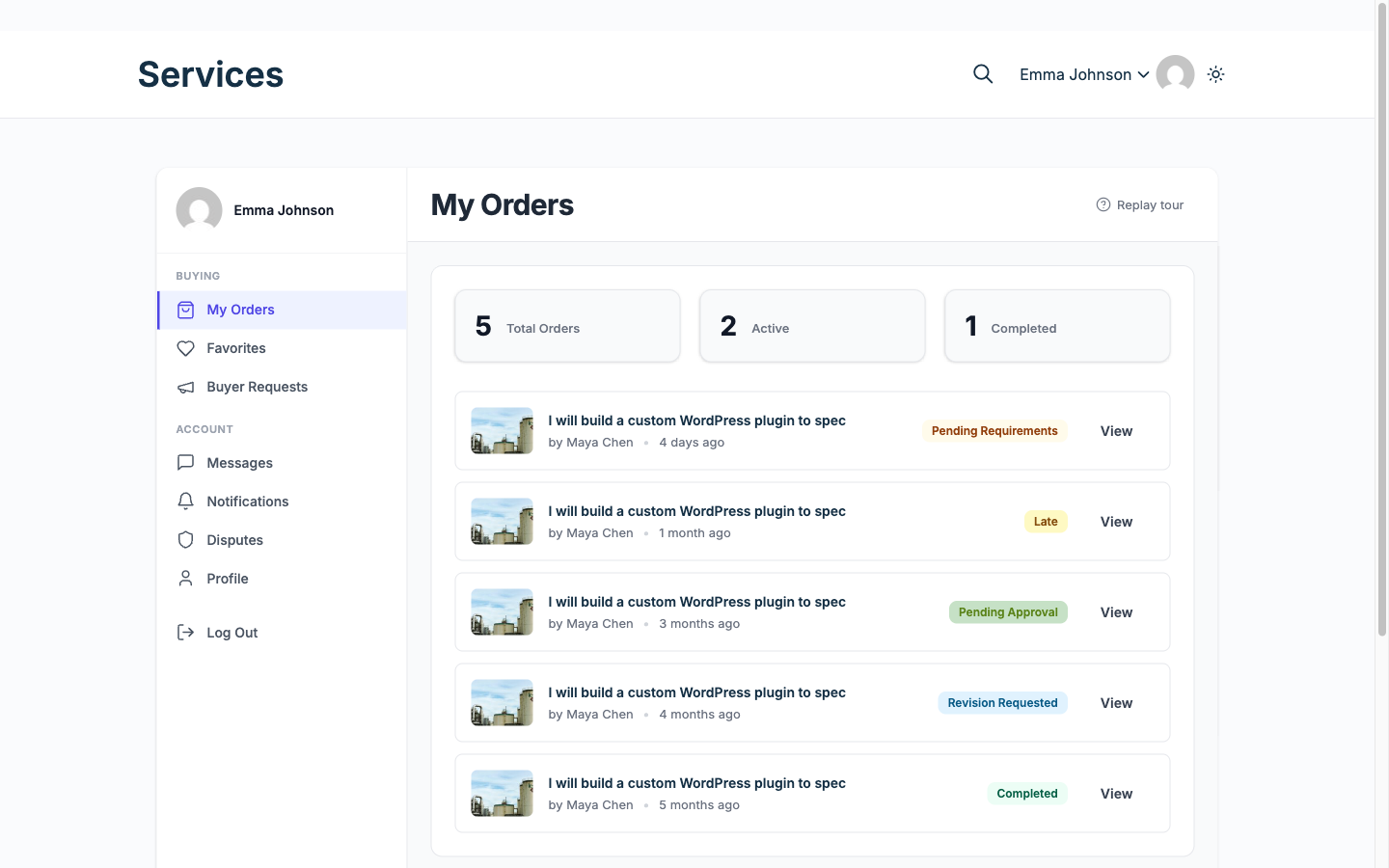 The My Orders screen in a buyer dashboard, listing five orders with their statuses and the vendor who is delivering each.
