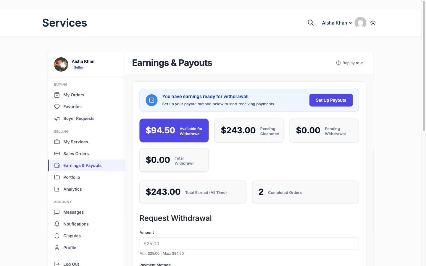 The Earnings and Payouts screen, showing available balance, pending clearance, total earned and a withdrawal request form.