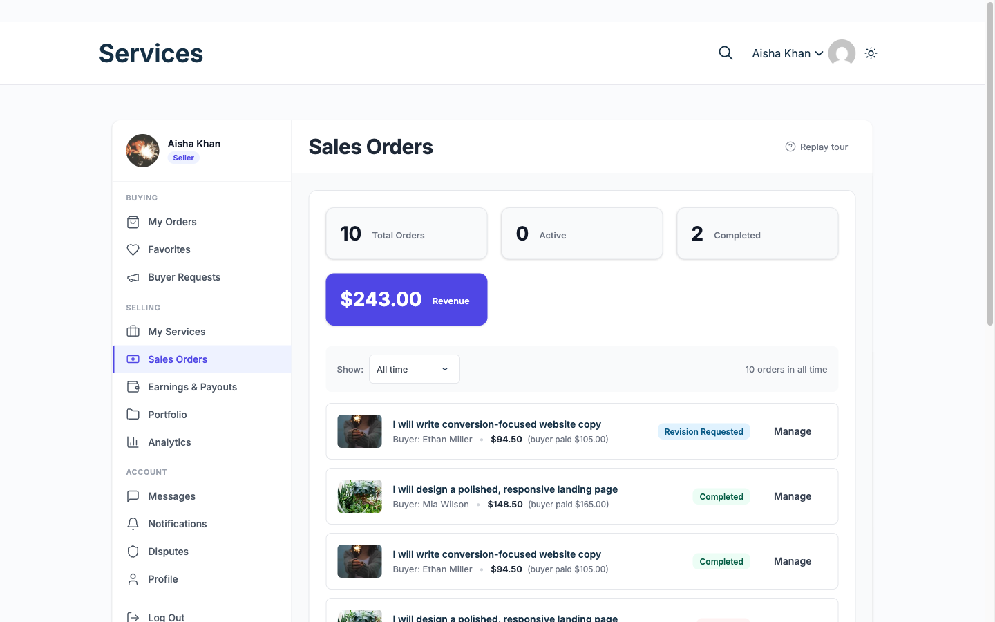 The Sales Orders screen in a vendor dashboard, showing revenue, order counts and a list of orders with their statuses.